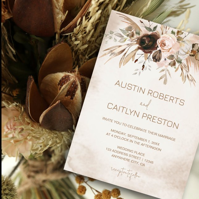 Convites Boho Floral Pumpkin Cai no Casamento do Amor (Elegant boho floral wedding invitation with soft neutral tones #rusticwedding #BohoWedding )