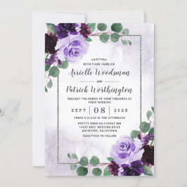 Convites Boho Floral Roxo e Casamento Prateado da Elegante 