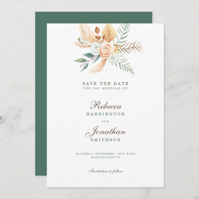 Convites Boho Floral Rustic Green Weding The Date (Frente/Verso)