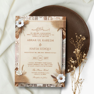 Convites Boho Floral Rustic Monograma Casamento Islâmico