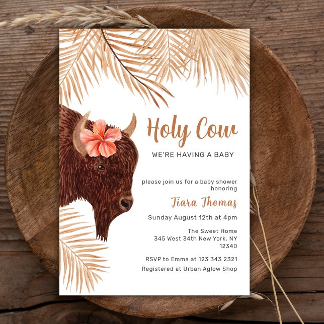 Convites Boho Floral Santa Vaca Highland Chá de fraldas (Boho Floral Holy Cow Highland Cow Baby Shower Invitation)