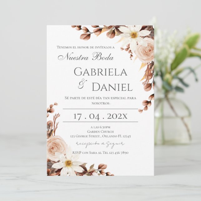 Convites Boho Floral Spanish Wedding Invitation (Em pé/Frente)