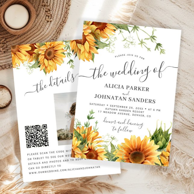 Convites Boho floral sunflower black and white wedding (Criador carregado)