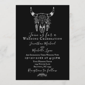 Convites Boho Floral Vaca Caveira Negra e Casamento Branco