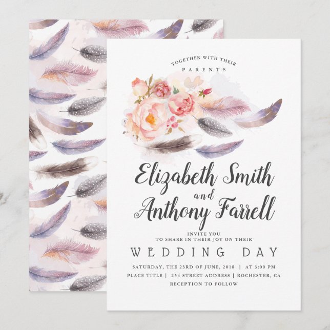 Convites Boho Floral Watercolor Casamento (Frente/Verso)