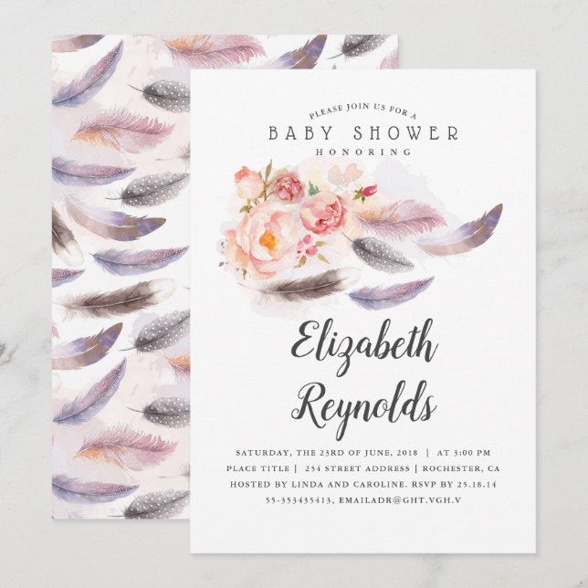 Convites Boho Floral Watercolor Chá de fraldas (Frente/Verso)