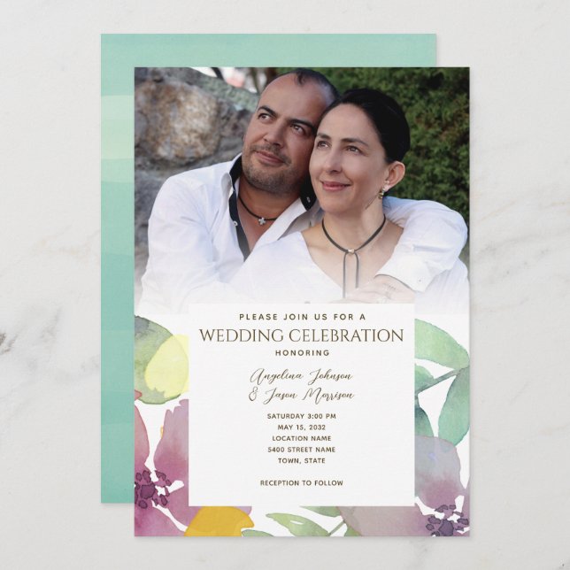 Convites Boho Floral Watercolor Foto Wedding (Frente/Verso)