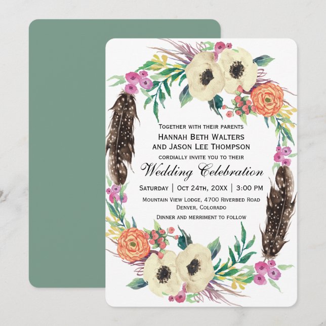 Convites Boho Floral Watercolor Wedding (Frente/Verso)