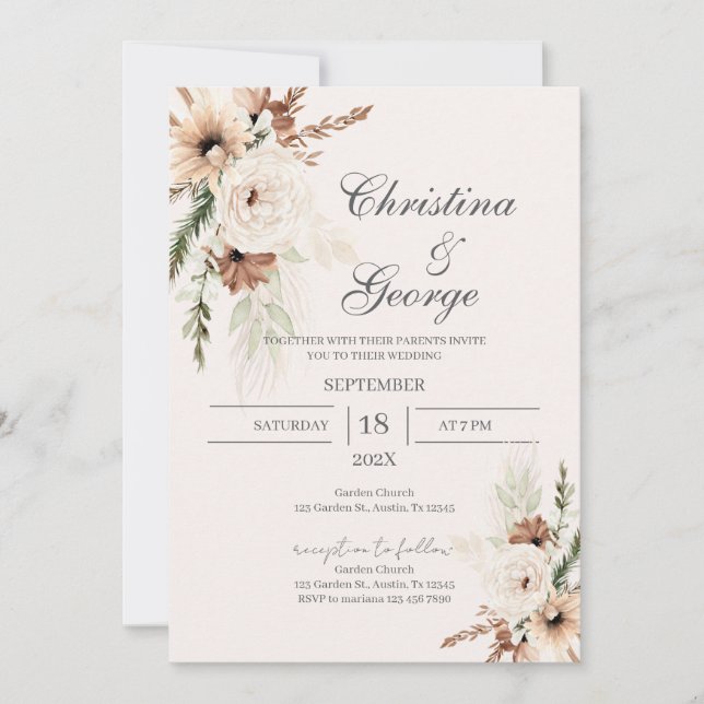 Convites Boho Floral Wedding Invitation (Frente)
