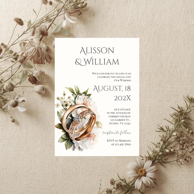 Convites Boho floral wedding invitation with rings (Criador carregado)