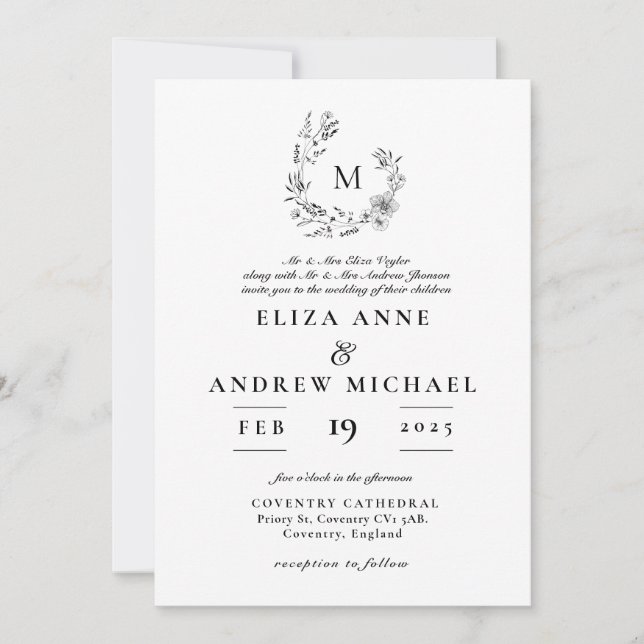 Convites Boho Floral Wreath Monograma Casamento Personaliza (Frente)