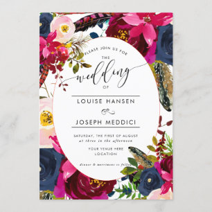 Convites Boho Florals Burgundy Marinho Watercolor Casamento