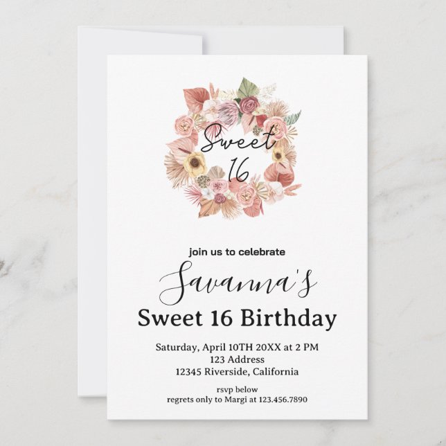 Convites Boho Florals Personalized Sweet 16 Birthday (Frente)