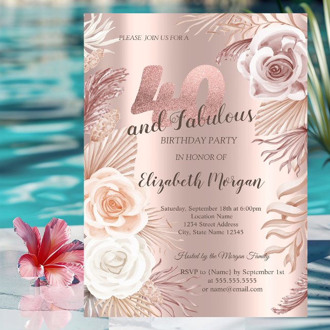 Convites Boho Flores Aniversário de 40 anos Dourado Rosé (Criador carregado)