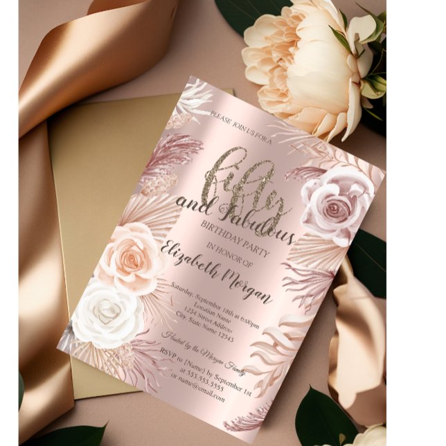 Convites Boho Flores Aniversário de 50 anos Festa Rosa Dour (Criador carregado)