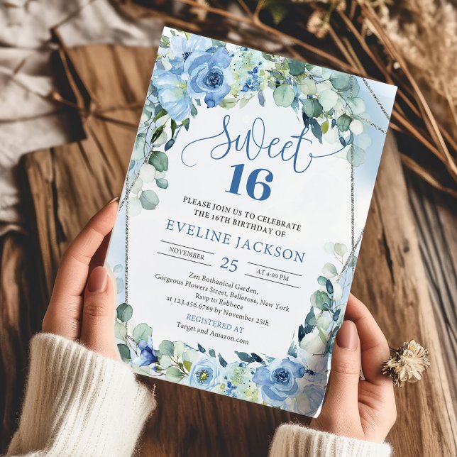 Convites Boho flores azuis leves eucalipto prata doce 16 (elegant watercolor blue flowers sage eucalyptus silver frame sweet 16 invitation)