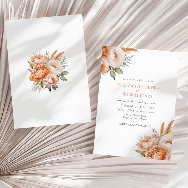Convites Boho Flores de Coral Casamento de Verão (Boho Coral Flowers Summer Wedding Invitation - front and back - on a neutral dry palm leaf.)
