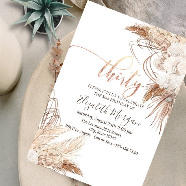 Convites Boho Flores Grama Pampas Aniversário de 30 anos  (Criador carregado)