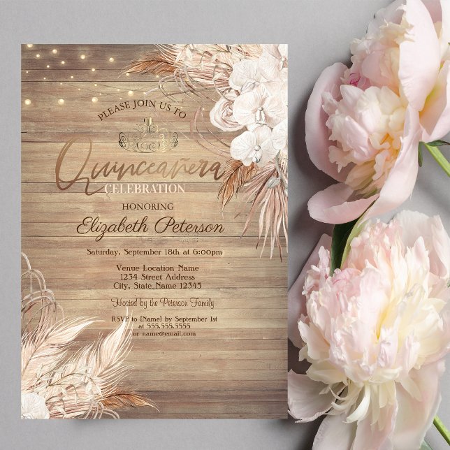 Convites Boho Flores,Luzes,Madeira Quinceañera (Criador carregado)