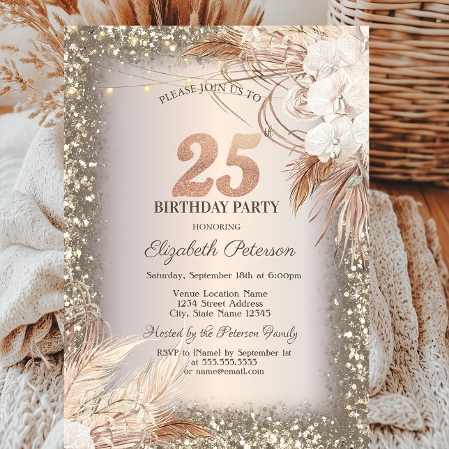 Convites Boho Flores, Luzes Moldura Brilho 25º Aniversário (Criador carregado)