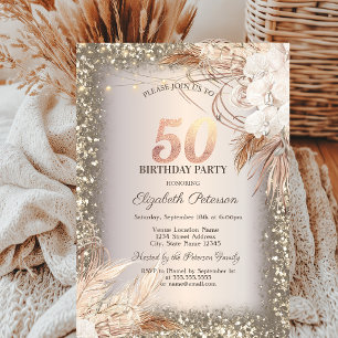 Convites Boho Flores, Luzes Moldura Brilho 50º Aniversário