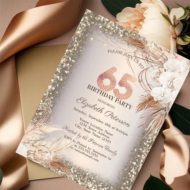 Convites Boho Flores, Luzes Moldura Brilho 65º Aniversário (Criador carregado)