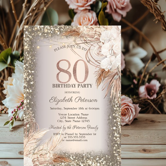 Convites Boho Flores, Luzes Moldura Brilho 80º Aniversário (Criador carregado)