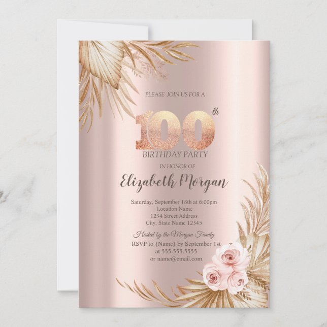 Convites Boho Flores Pampas Dourado Rosa 100º Aniversário (Frente)