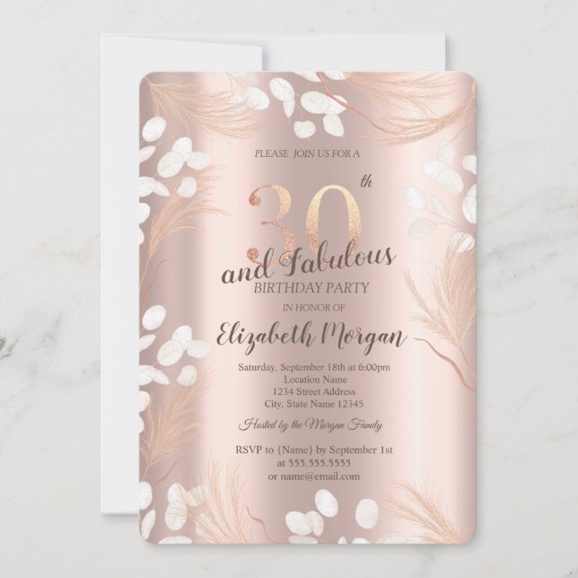 Convites Boho Flores Pampas Dourado Rosa 30º Aniversário (Frente)