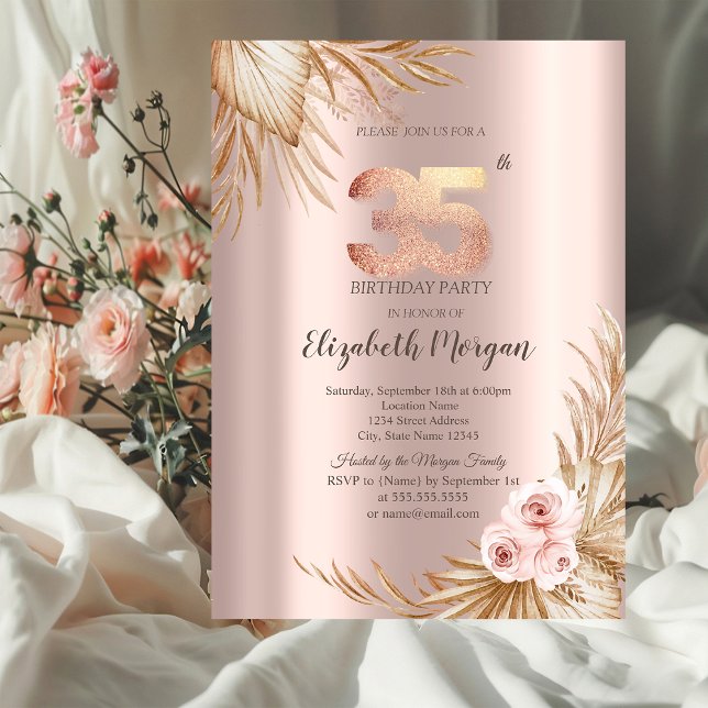 Convites Boho Flores Pampas Dourado Rosa Aniversário de 35  (Criador carregado)