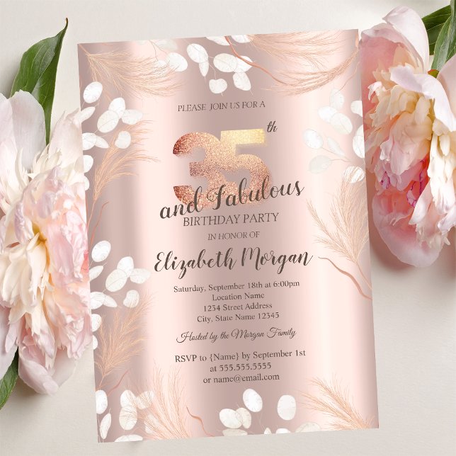Convites Boho Flores Pampas Dourado Rosa Aniversário de 35  (Criador carregado)