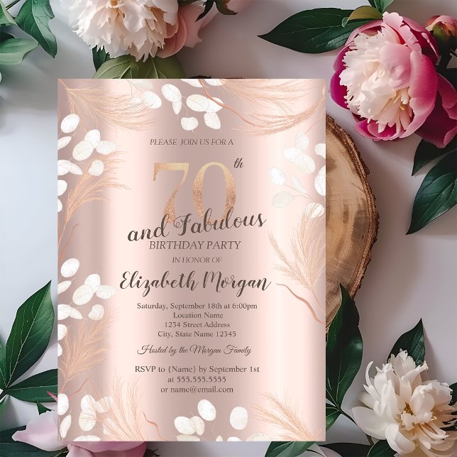 Convites Boho Flores Pampas Dourado Rosa Aniversário de 70  (Criador carregado)