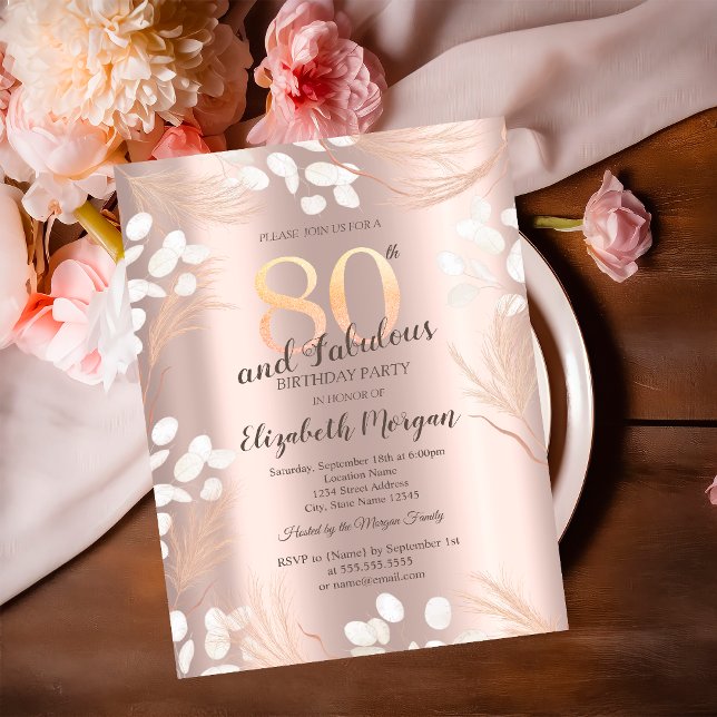 Convites Boho Flores Pampas Rosa Dourado Aniversário de 80  (Criador carregado)