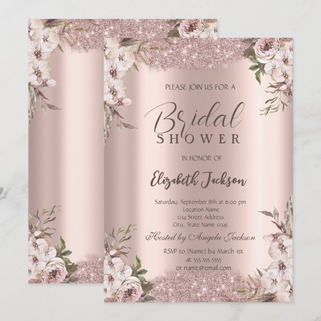 Convites Boho Flores Quadro Brilhante Rosa Dourado Chá de N (Frente/Verso)