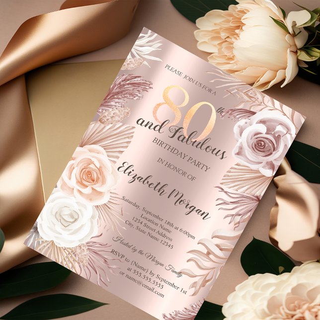 Convites Boho Flores Rosa Dourado Aniversário de 80 anos (Criador carregado)