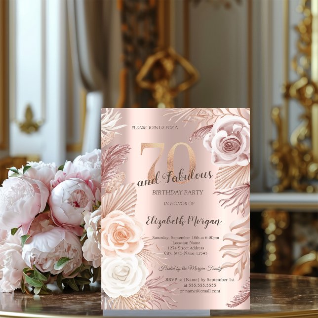 Convites Boho Flores Rosa Dourado Festa de 70 Anos de Idade (Criador carregado)