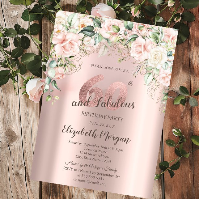 Convites Boho Flores Rosas Dourado Rosa Aniversário de 60 a (Criador carregado)