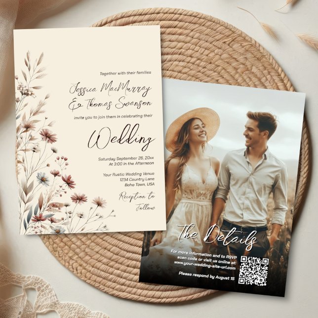 Convites Boho Flores Silvestres & Código QR de Foto Moderno (Front/Back)