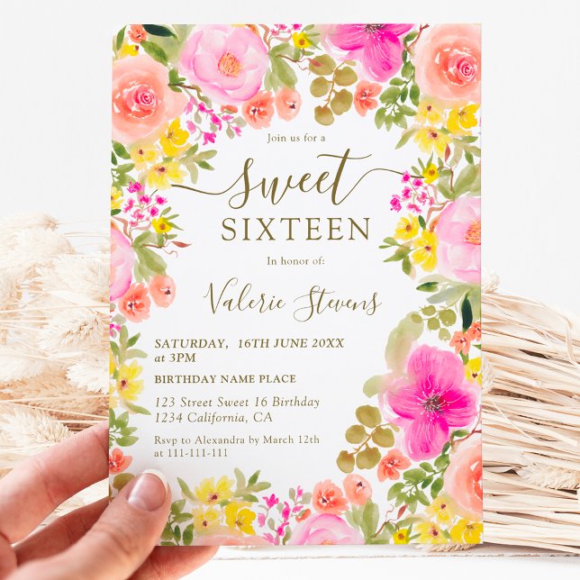 Convites Boho, flores silvestres, cor d'água, Sweet 16 (Boho wild flowers garden watercolor Sweet 16 Invitation)