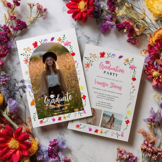 Convites Boho flores silvestres fotos de jardim de primaver (Boho wildflowers Spring Garden photos graduation Invitation)