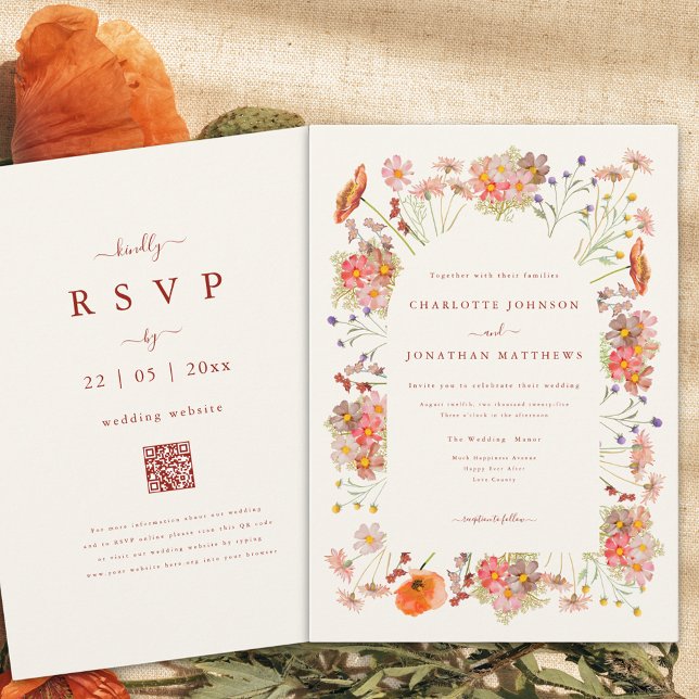 Convites Boho Flores Silvestres Secas Casamento de Outono (Boho wildflower fall wedding invitation with qr code)