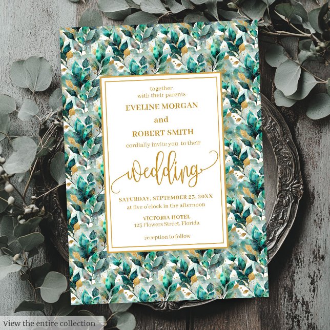 Convites Boho Floresta Verde Dourada Casamento Verde (Whimsical Boho Forest Green Gold Greenery Wedding Invitation)