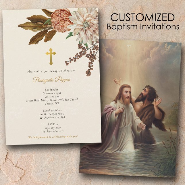 Convites Boho Flowers Cristalizando Batismo da Cruz Cristã (Boho Flowers Orthodox Christian Gold Cross Baptism Invitation)