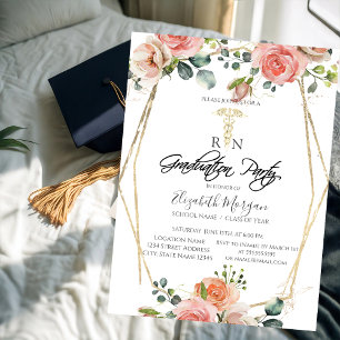 Convites Boho Flowers Dourado Frame RN Nurse Festa de forma
