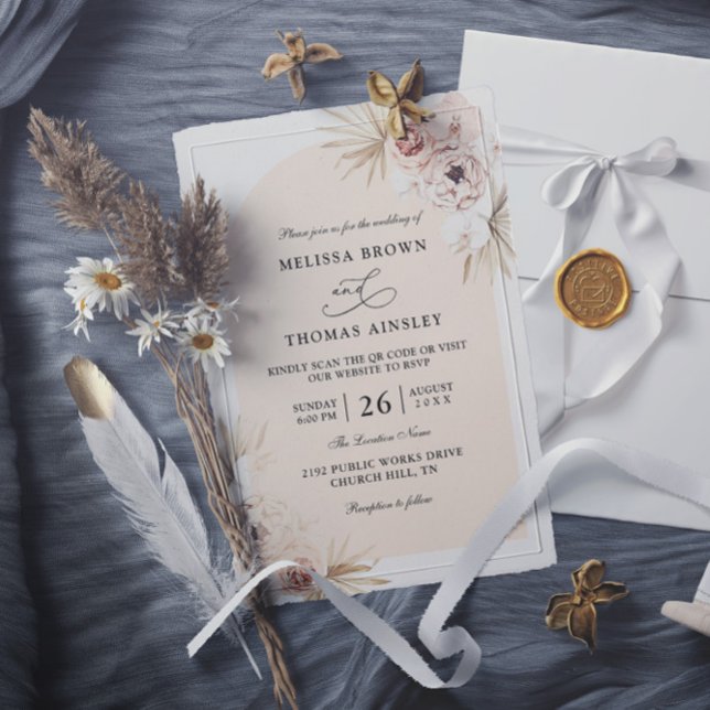 Convites Boho Flowers Elegant Modern Budget QR Code Wedding (Criador carregado)