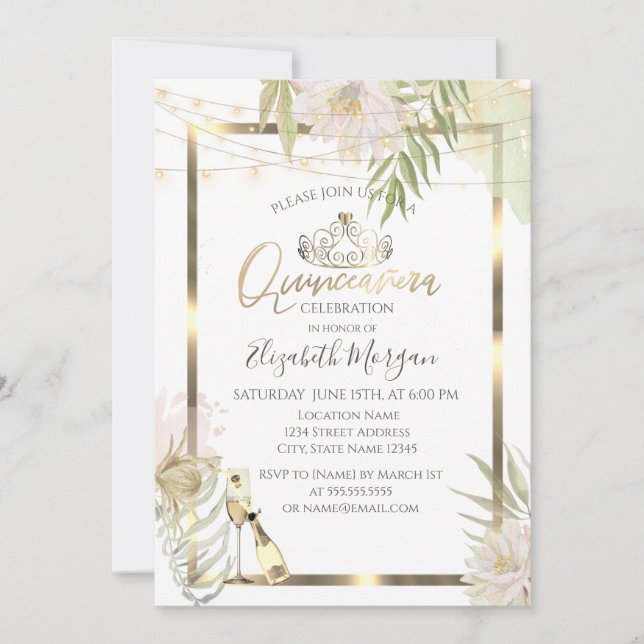 Convites Boho Flowers Frame Wine Quinceanera (Frente)