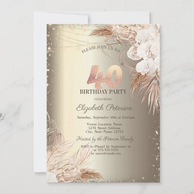 Convites Boho Flowers,Lights Glitter Frame Gold 40th  (Frente)