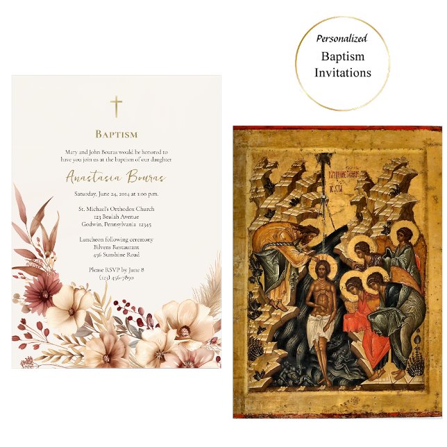 Convites Boho Flowers Pampas Grass Baptism Ortodoxo (Criador carregado)