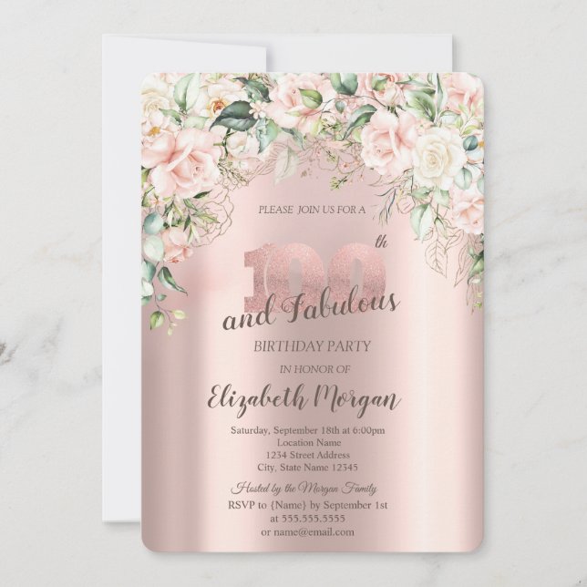 Convites Boho Flowers Rosa Rosa Dourado 100º aniversário (Frente)