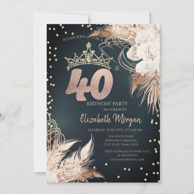 Convites Boho Flowers Tiara Diamantes Verde 40º (Frente)